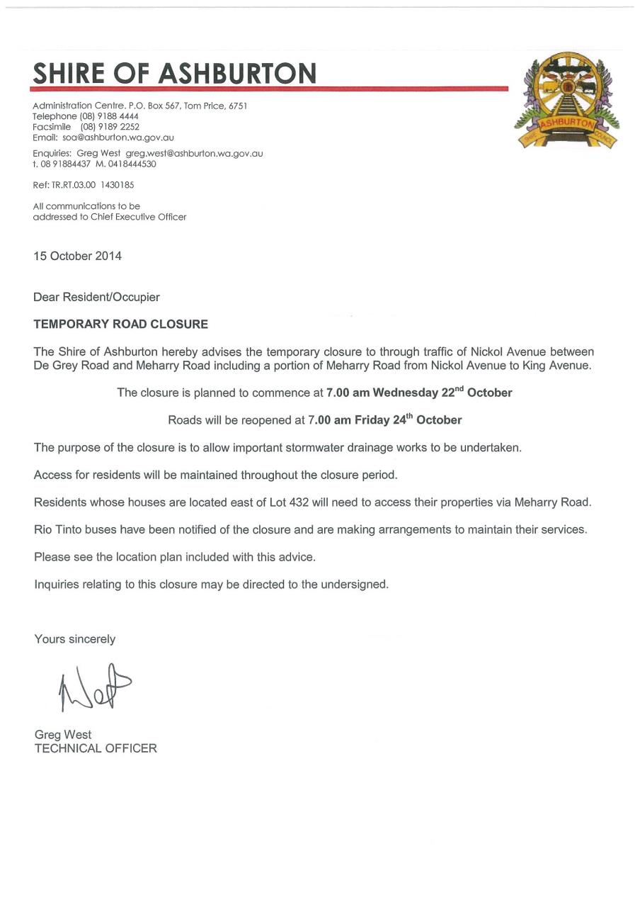 Paraburdoo Temporary Road Closure