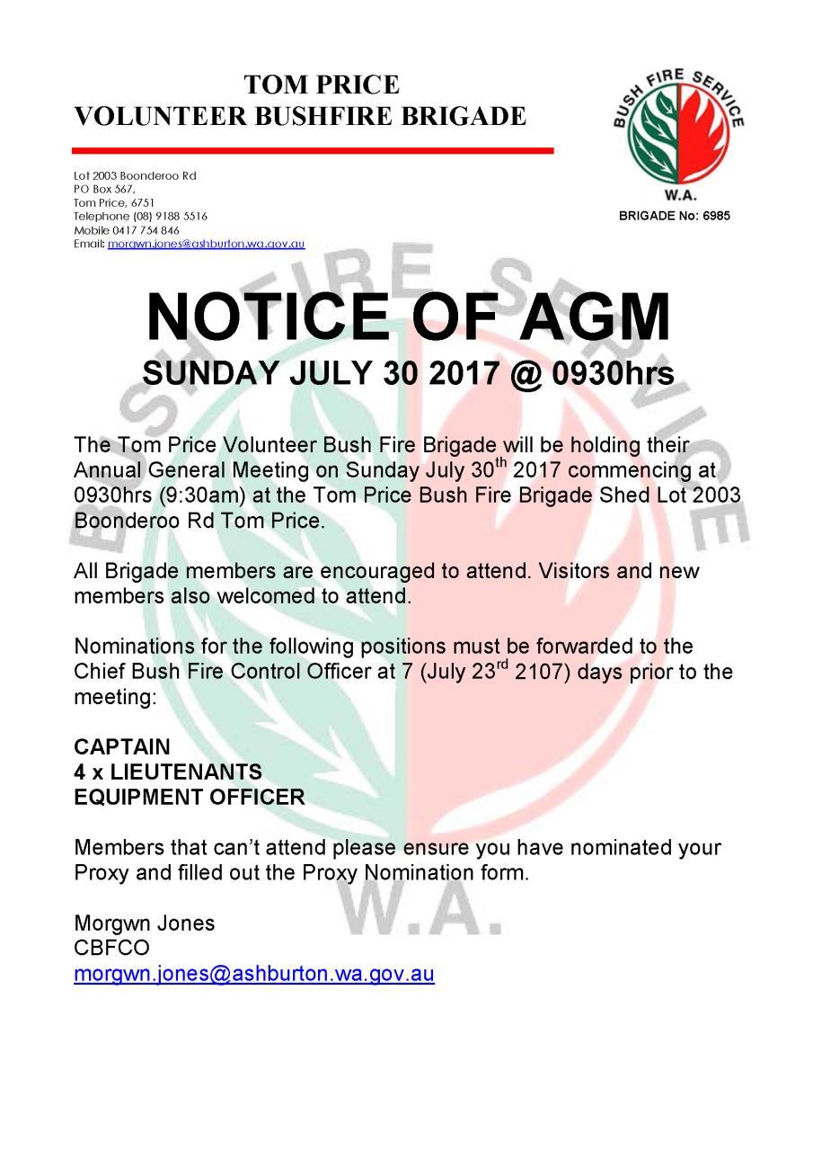 Tom Price Bushfire Brigade - Notice of AGM