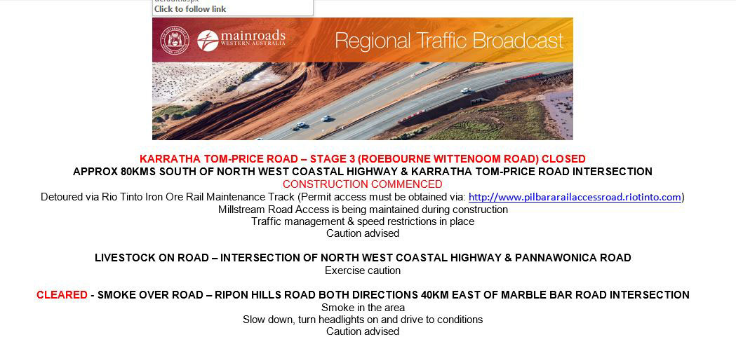 Road works and detours in place on Tom Price Karratha Road