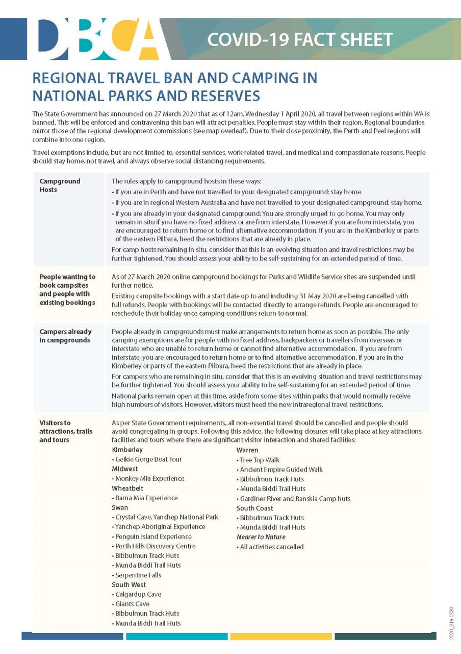 Regional travel ban and camping in national parks and reserves