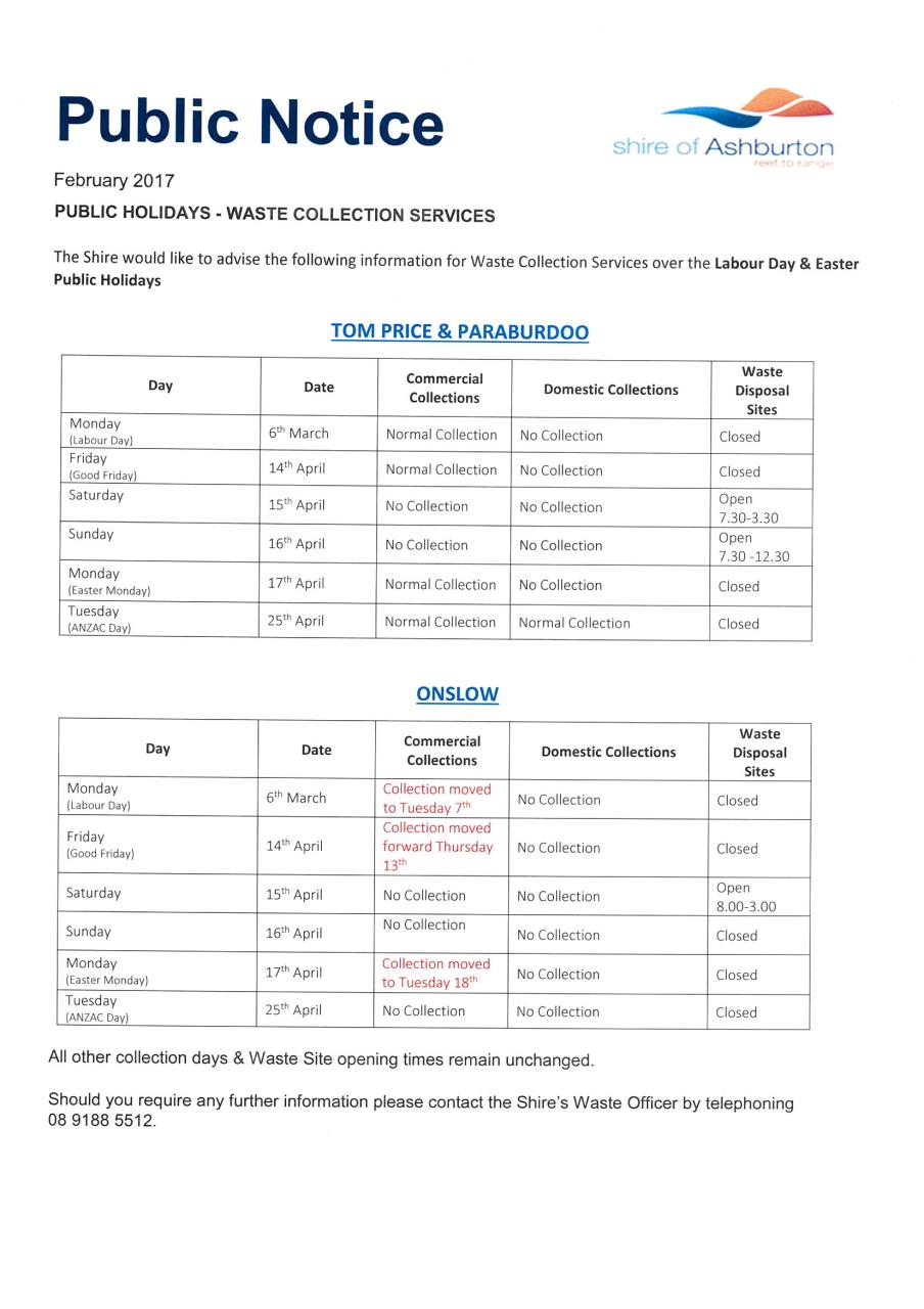 Public Holidays - Waste Collection Services