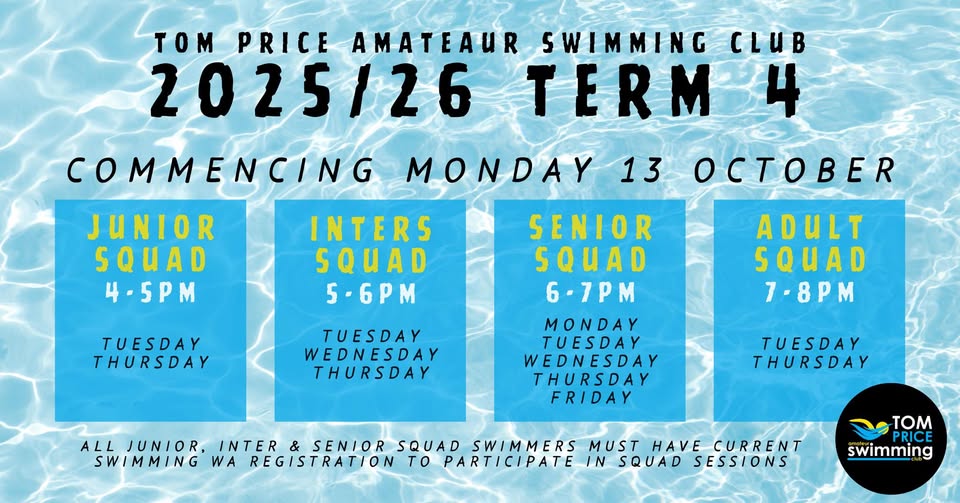 Tom Price Swimming Club Senior Squad Training Days