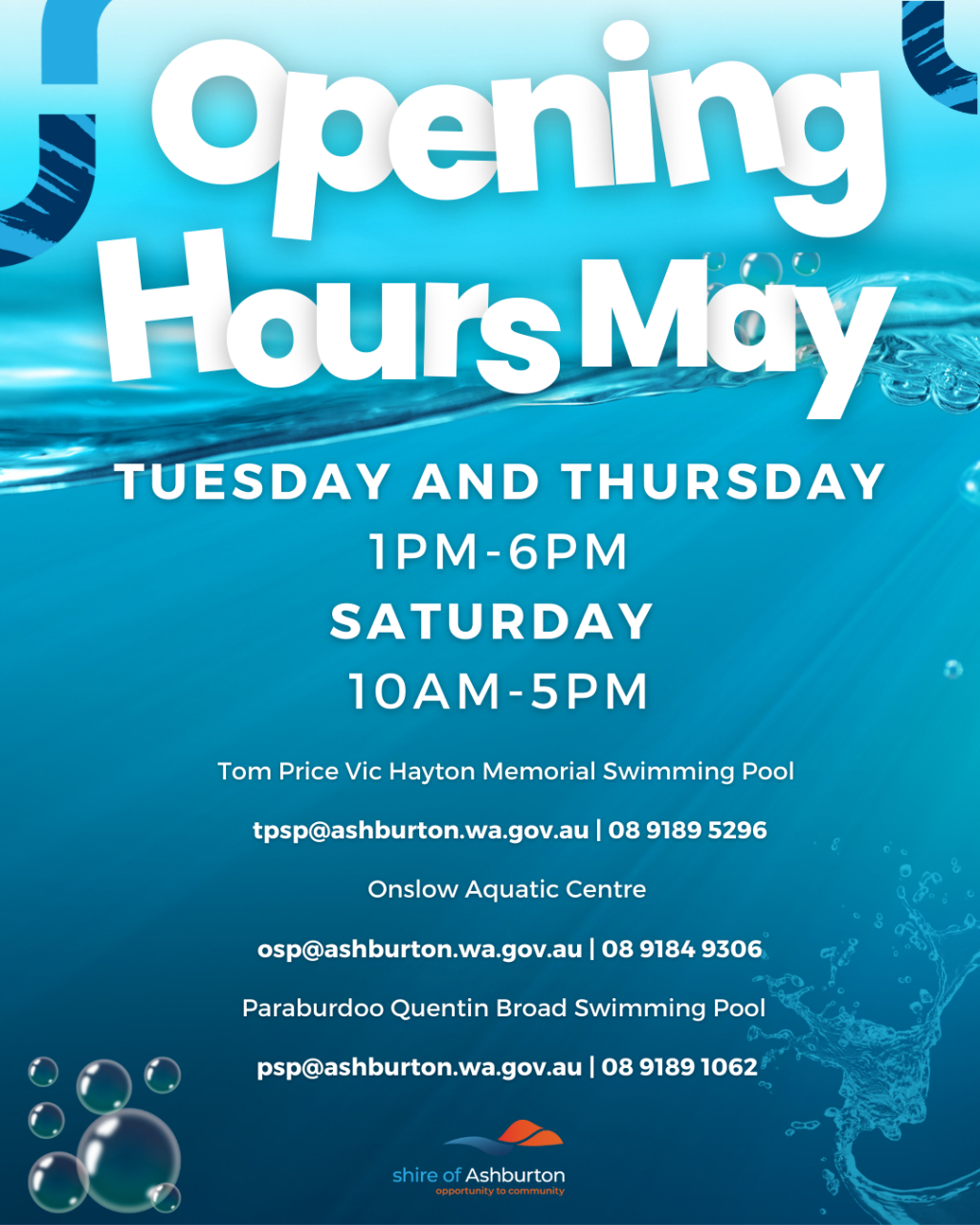 Shire Swimming Pool’s Opening Hours to reduce from Monday 1 May