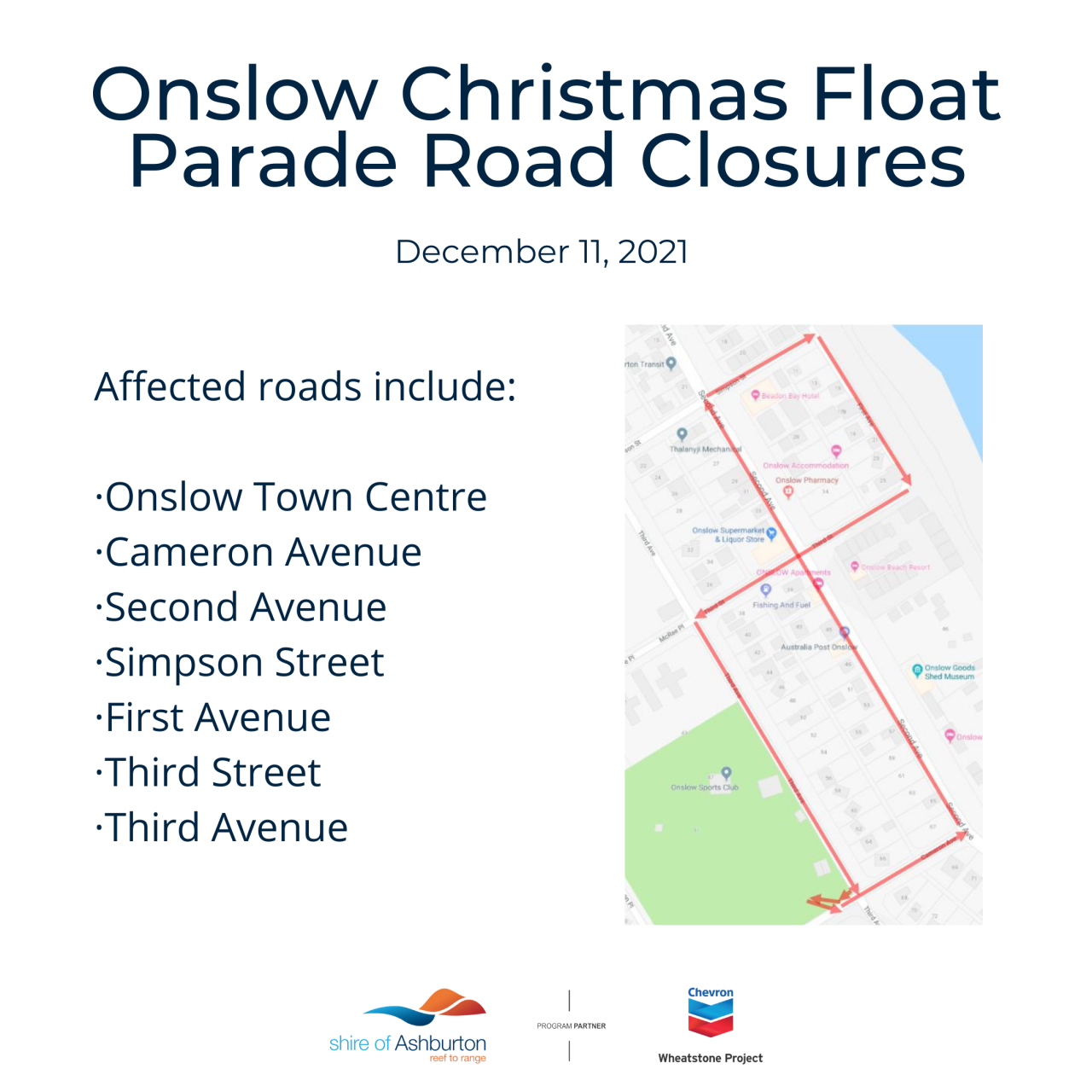Road closures due to Onslow Christmas Float Parade
