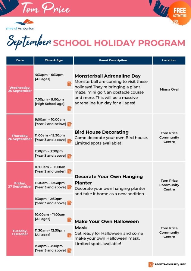 Tom Price- September School Holiday Programs